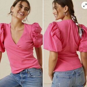 Maeve Anthropologie wrap front puff sleeve blouse size small hot pink preppy